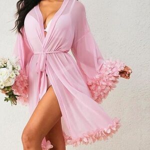 Pink barbie flower ruffle trim robe swimsuit cover up kaftan wedding bridal sexy